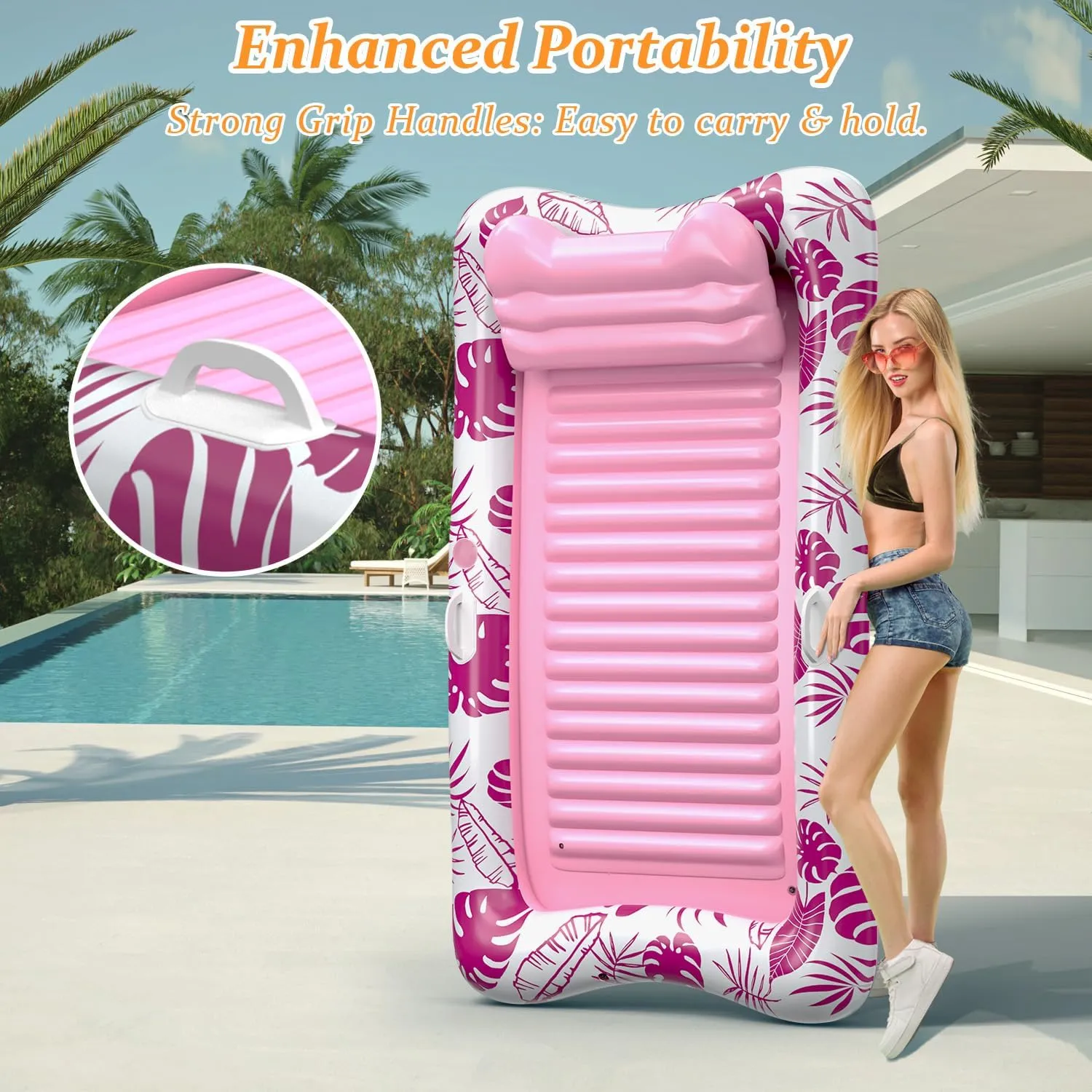 Rrtizan Inflatable Tanning Pool Rafts for Adults, 83.5" x 52.4" Adult Pool Floats with Pillow, Cup Holder & Handles, 4-in-1 Suntan Tub Raft Floatie for Pool, Backyard, Kids' Ball Pit