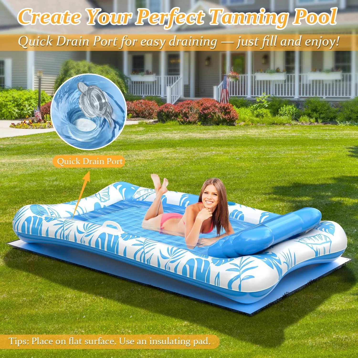 Rrtizan Inflatable Tanning Pool Rafts for Adults, 83.5" x 52.4" Adult Pool Floats with Pillow, Cup Holder & Handles, 4-in-1 Suntan Tub Raft Floatie for Pool, Backyard, Kids' Ball Pit