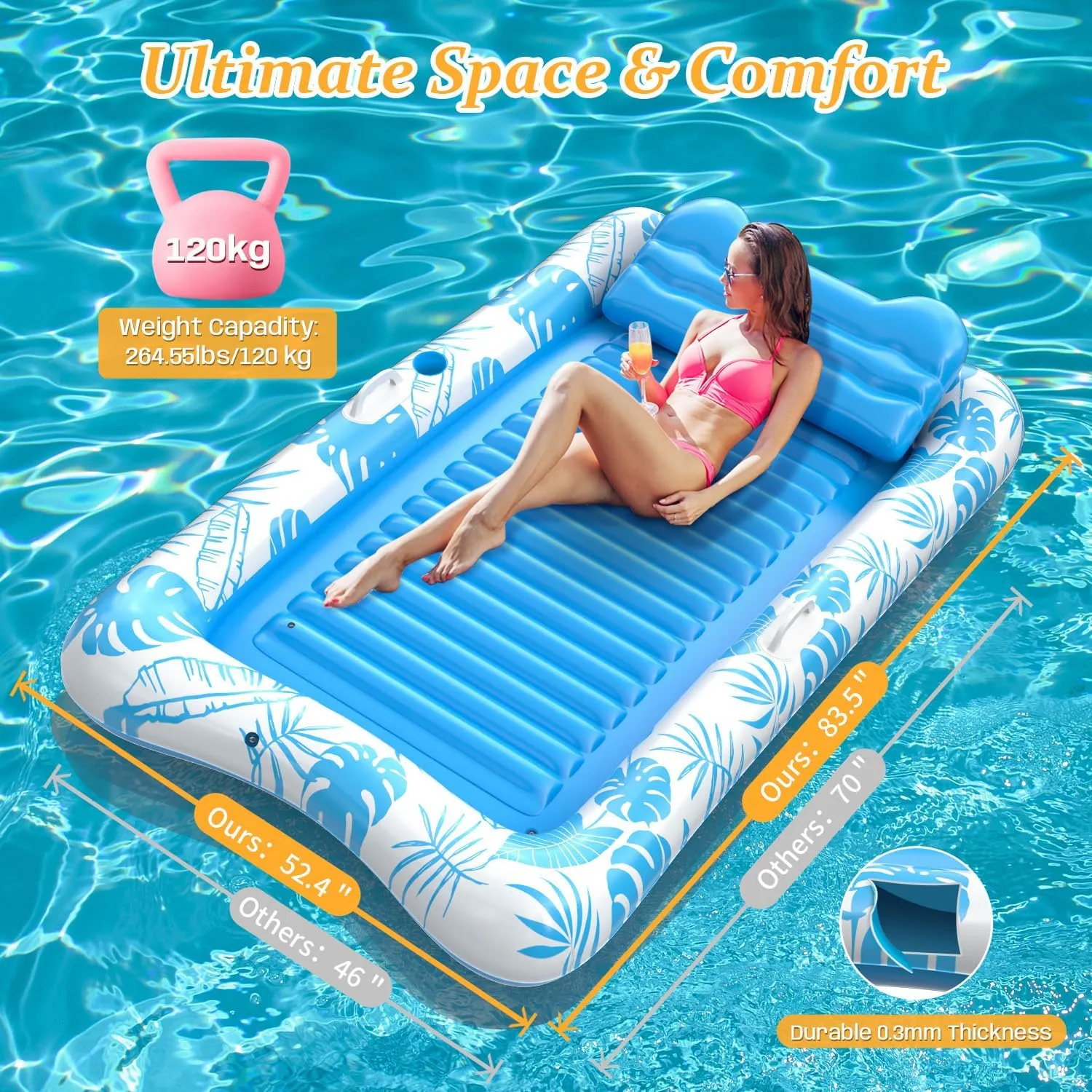 Rrtizan Inflatable Tanning Pool Rafts for Adults, 83.5" x 52.4" Adult Pool Floats with Pillow, Cup Holder & Handles, 4-in-1 Suntan Tub Raft Floatie for Pool, Backyard, Kids' Ball Pit