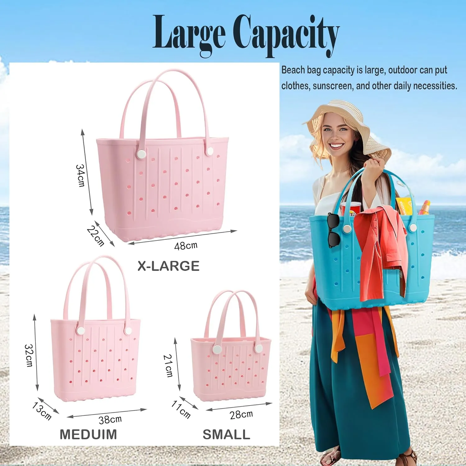 Rubber Beach Tote Bag, Waterproof EVA Travel Tote Washable Beach Handbags for Sports Outdoor Anti-Tip Bag