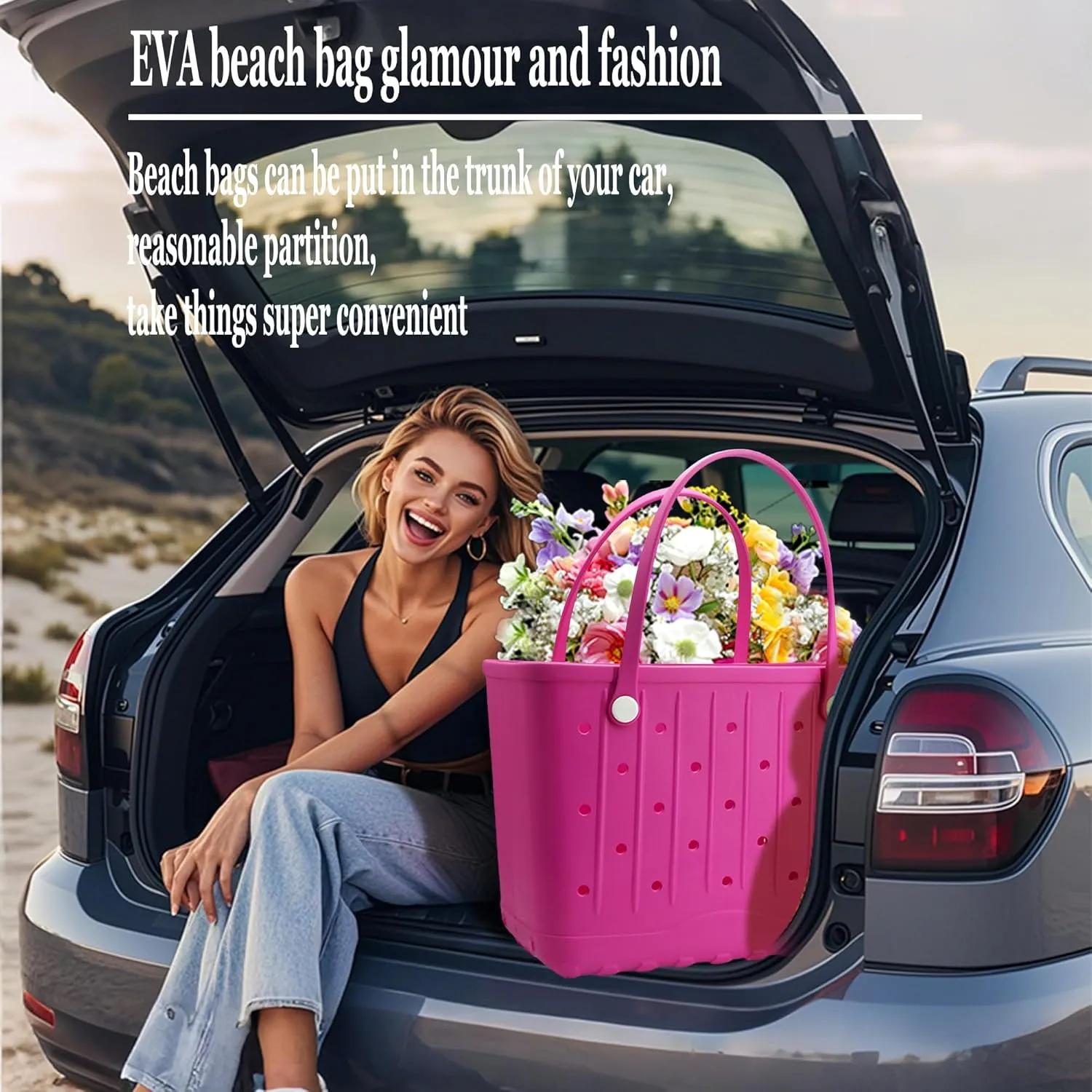 Rubber Beach Tote Bag, Waterproof EVA Travel Tote Washable Beach Handbags for Sports Outdoor Anti-Tip Bag