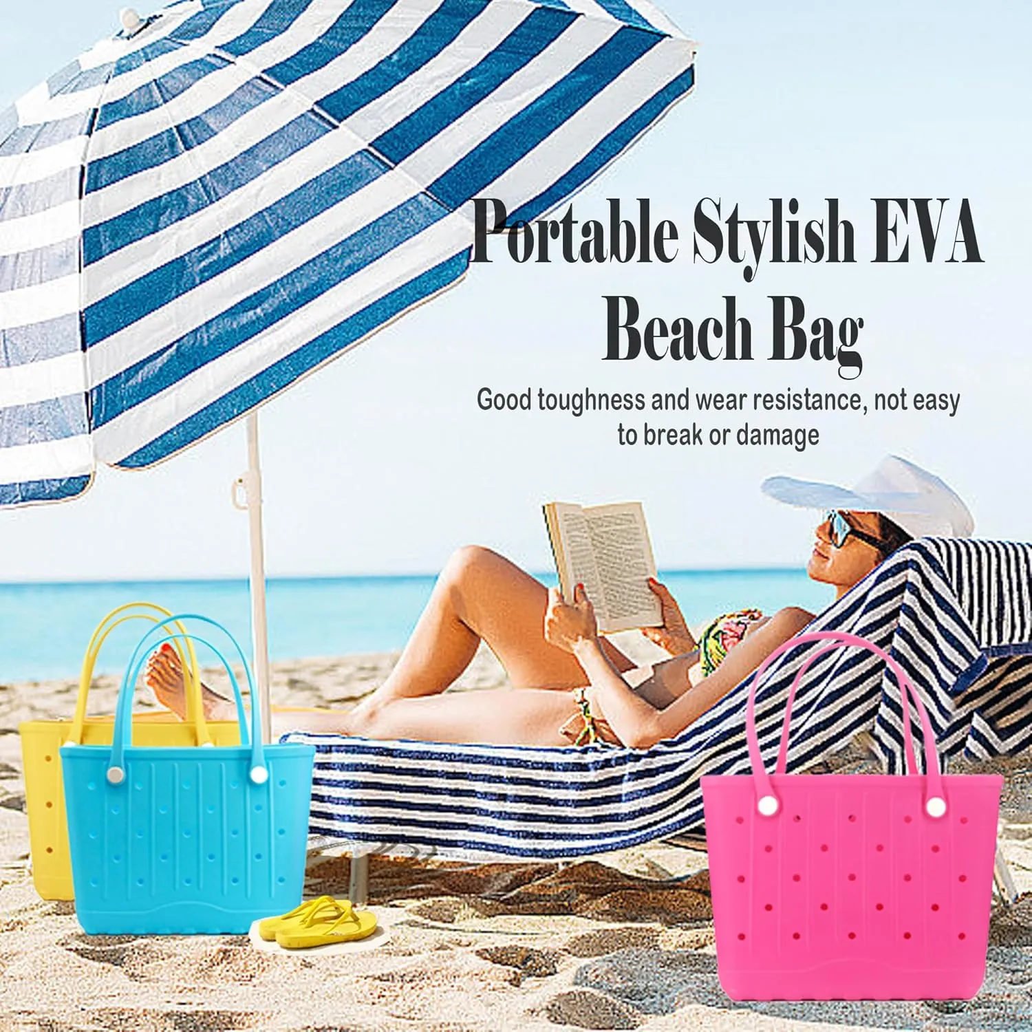 Rubber Beach Tote Bag, Waterproof EVA Travel Tote Washable Beach Handbags for Sports Outdoor Anti-Tip Bag