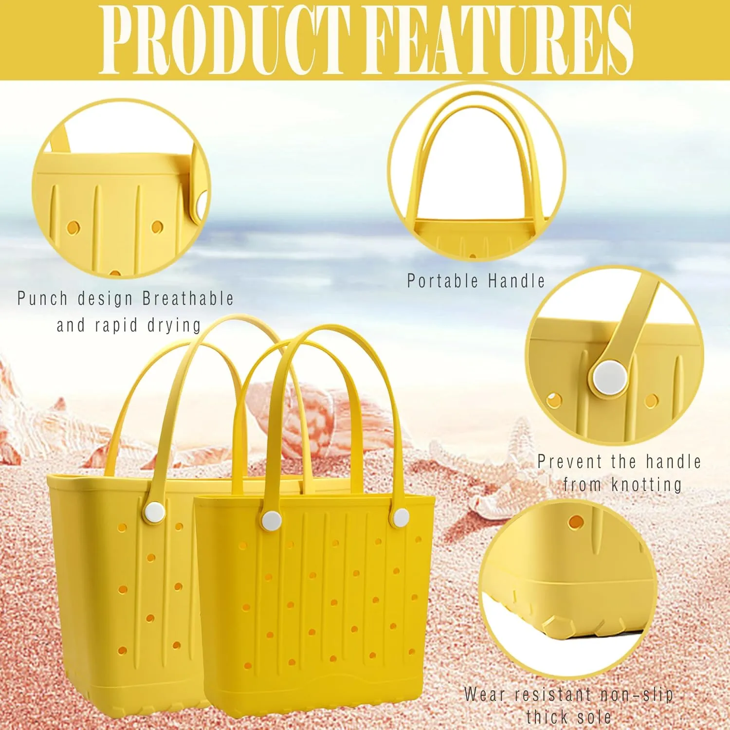 Rubber Beach Tote Bag, Waterproof EVA Travel Tote Washable Beach Handbags for Sports Outdoor Anti-Tip Bag