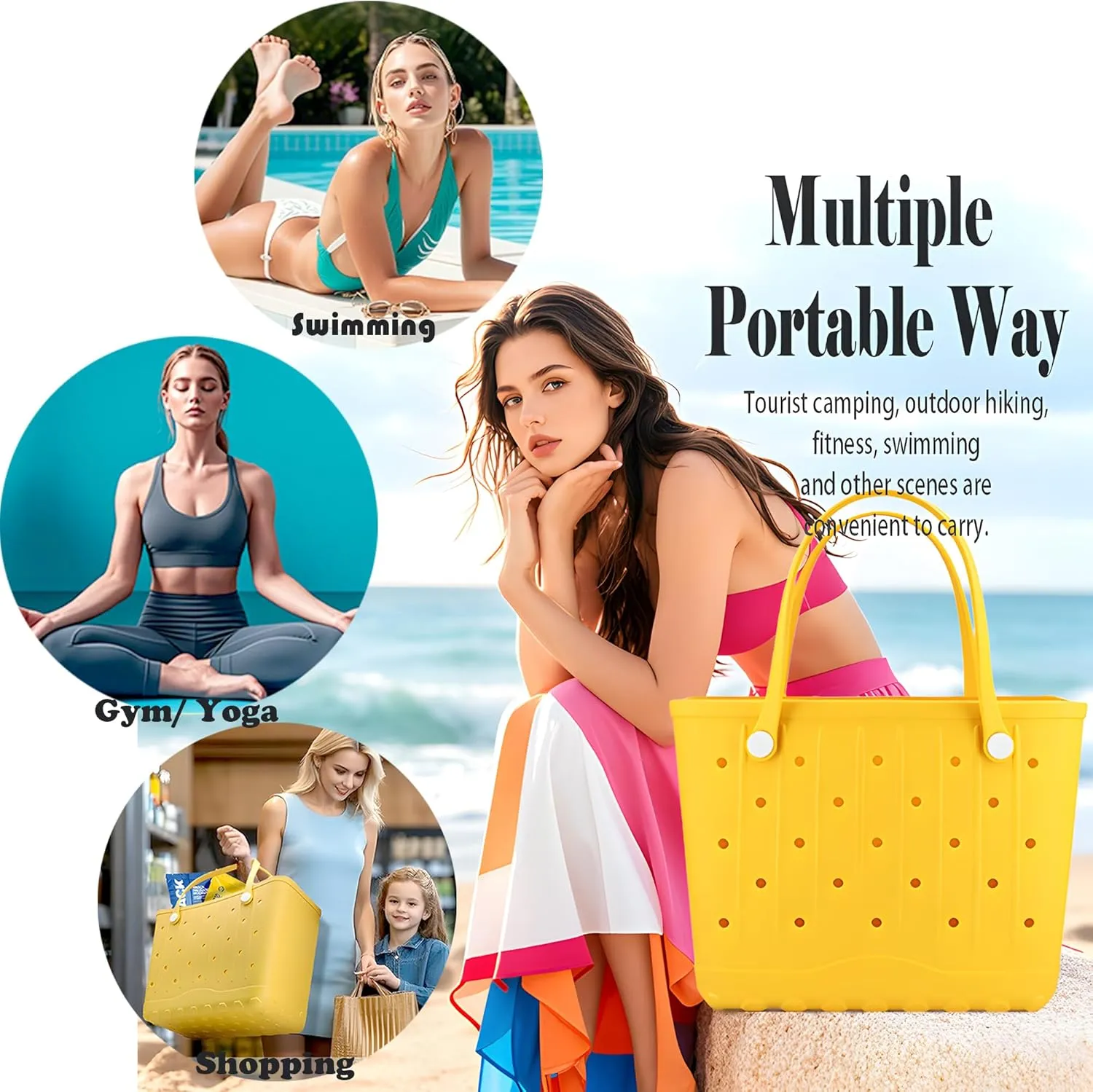 Rubber Beach Tote Bag, Waterproof EVA Travel Tote Washable Beach Handbags for Sports Outdoor Anti-Tip Bag