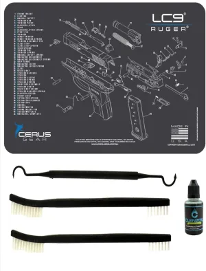 Ruger LC9 5 PC EDOG Cerus Gear Schematic (Exploded View) Heavy Duty Pistol Cleaning 12x17 Padded Gun-Work Surface Protector Mat Solvent & Oil Resistant & 3 PC Cleaning Essentials & Clenzoil