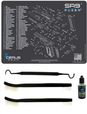 Ruger SR9 5 PC EDOG Cerus Gear Schematic (Exploded View) Heavy Duty Pistol Cleaning 12x17 Padded Gun-Work Surface Protector Mat Solvent & Oil Resistant & 3 PC Cleaning Essentials & Clenzoil