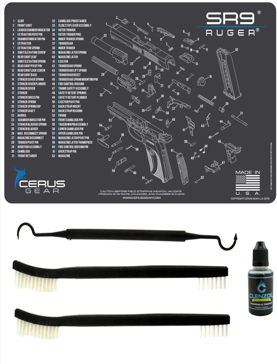 Ruger SR9 5 PC EDOG Cerus Gear Schematic (Exploded View) Heavy Duty Pistol Cleaning 12x17 Padded Gun-Work Surface Protector Mat Solvent & Oil Resistant & 3 PC Cleaning Essentials & Clenzoil