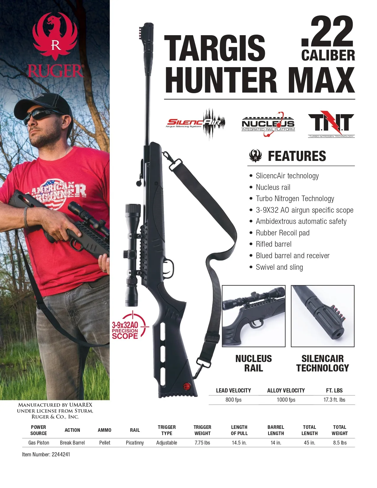 Rugеr Targis Hunter Max .22 Combo (3-9x32 Scope) Gas Piston Break Barrel AirRifle AirGun with Wearable4U 250x Pellets and 100x Targets Bundle
