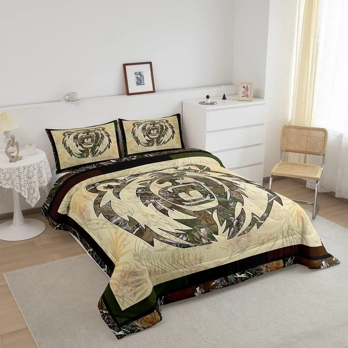 Rustic Bear Comforter Set Full Hunting Camo Bedding Set For Boys Adults Men,Camouflage Woodland Animal Bedding Comforters For Farmhouse Cabin Lodge,Nature Conifer Oak Branches Quilt 2 Pillow Cases