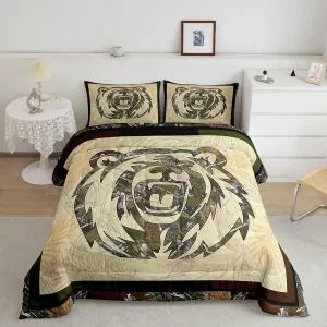 Rustic Bear Comforter Set Full Hunting Camo Bedding Set For Boys Adults Men,Camouflage Woodland Animal Bedding Comforters For Farmhouse Cabin Lodge,Nature Conifer Oak Branches Quilt 2 Pillow Cases