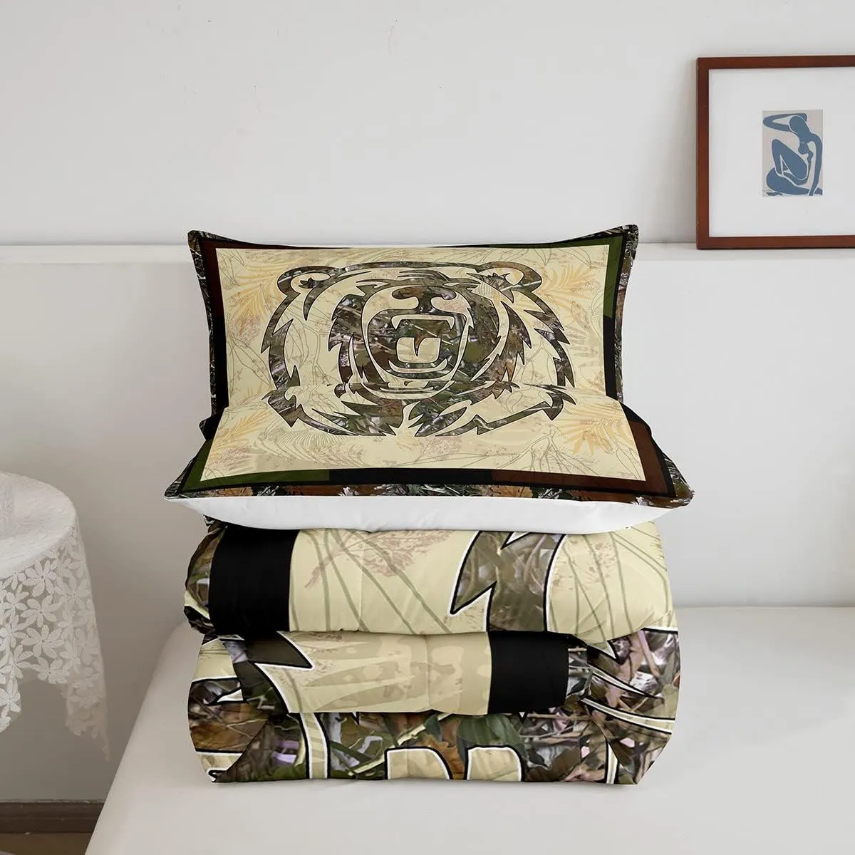 Rustic Bear Comforter Set Full Hunting Camo Bedding Set For Boys Adults Men,Camouflage Woodland Animal Bedding Comforters For Farmhouse Cabin Lodge,Nature Conifer Oak Branches Quilt 2 Pillow Cases