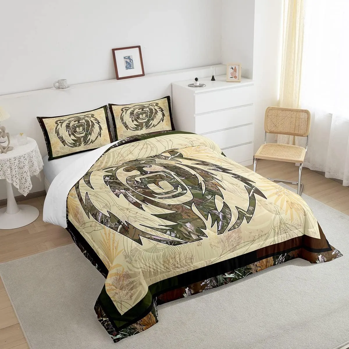 Rustic Bear Comforter Set Full Hunting Camo Bedding Set For Boys Adults Men,Camouflage Woodland Animal Bedding Comforters For Farmhouse Cabin Lodge,Nature Conifer Oak Branches Quilt 2 Pillow Cases