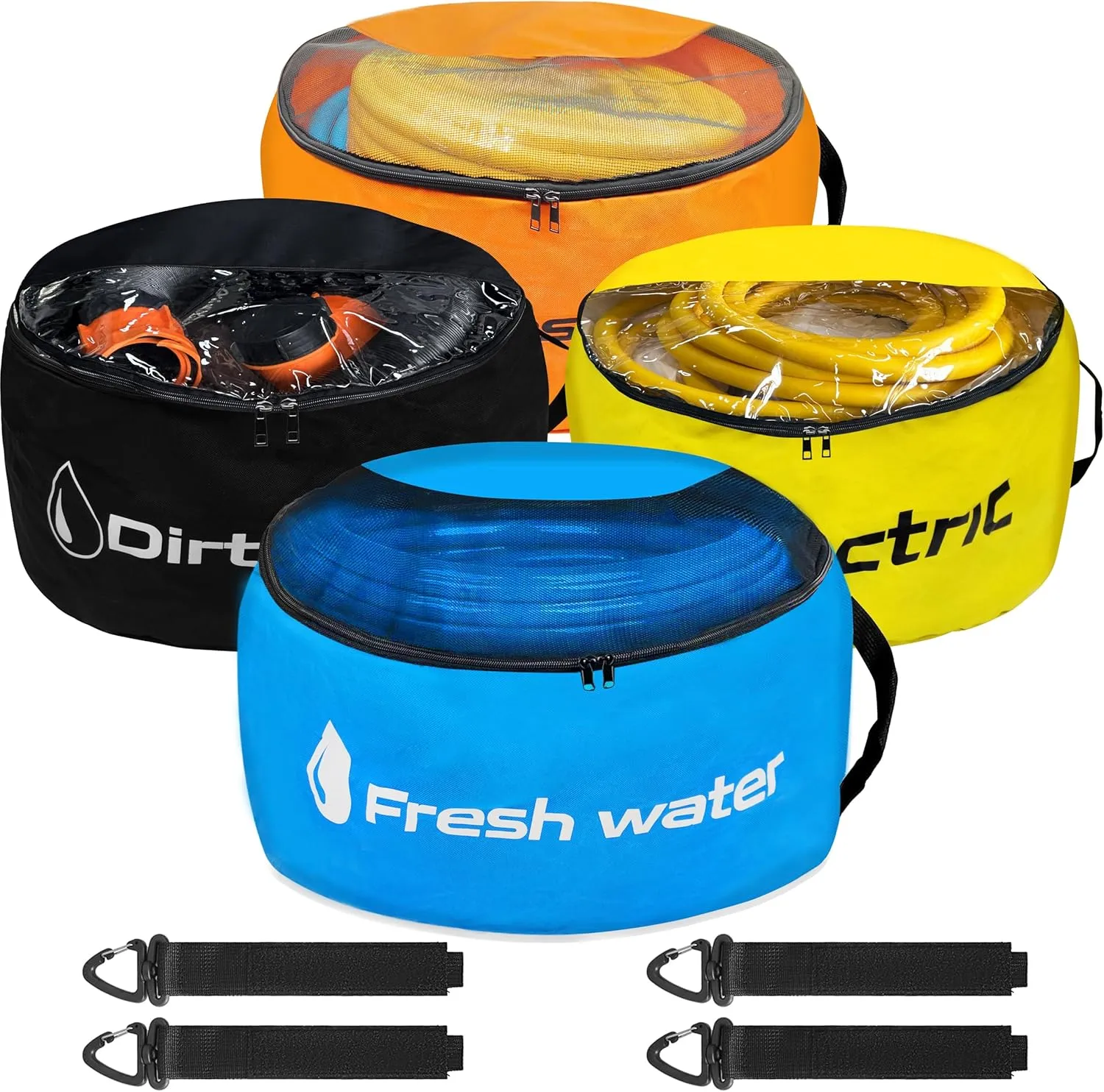 RV Sewer Hose Storage 4 Pack, Upgrade Zipper Closure Waterproof RV Storage and Organization Bag for Sewer Hoses, Fresh & Waste Water Hoses, Electrical Cords (black/blue/yellow/orange)
