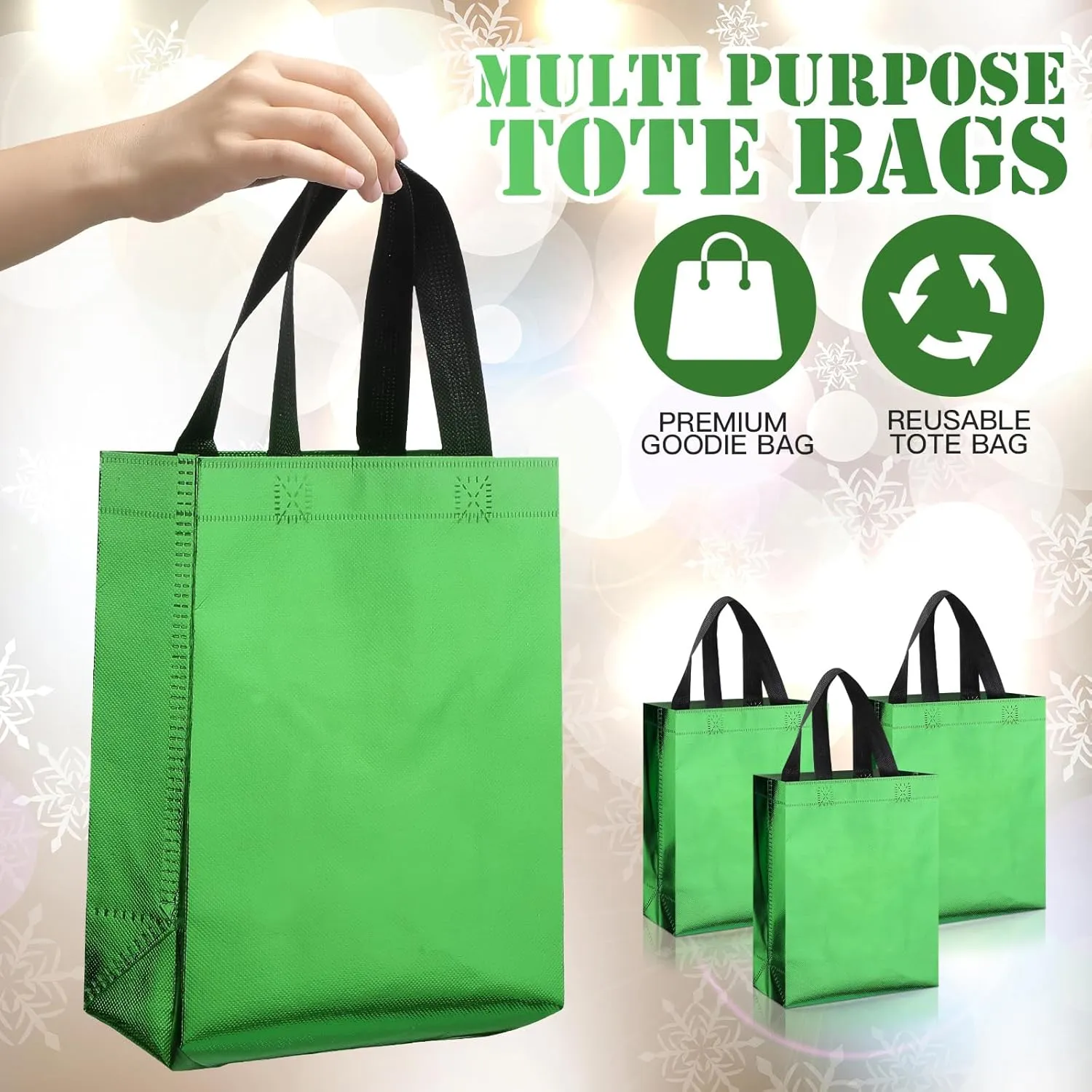 Sadnyy 48 Pcs Green Gift Bags with Handles Medium 8x4x10 Inch Holographic Reusable Gift Bags Bulk Metallic for Graduation