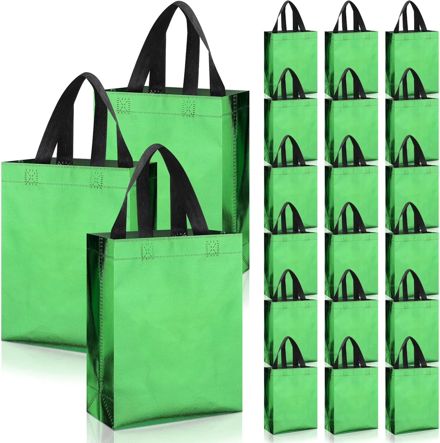 Sadnyy 48 Pcs Green Gift Bags with Handles Medium 8x4x10 Inch Holographic Reusable Gift Bags Bulk Metallic for Graduation
