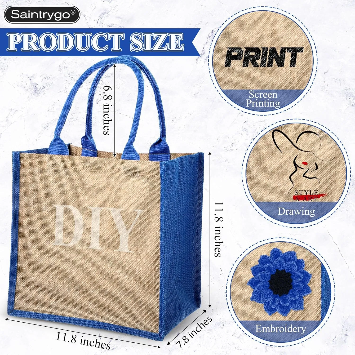 Saintrygo 12 Pcs Burlap Jute Tote Bags with Handle Reusable Blank Bridesmaid Gift Bags for Shopping Wedding DIY, 12x12x7.7In(Jute and Blue)