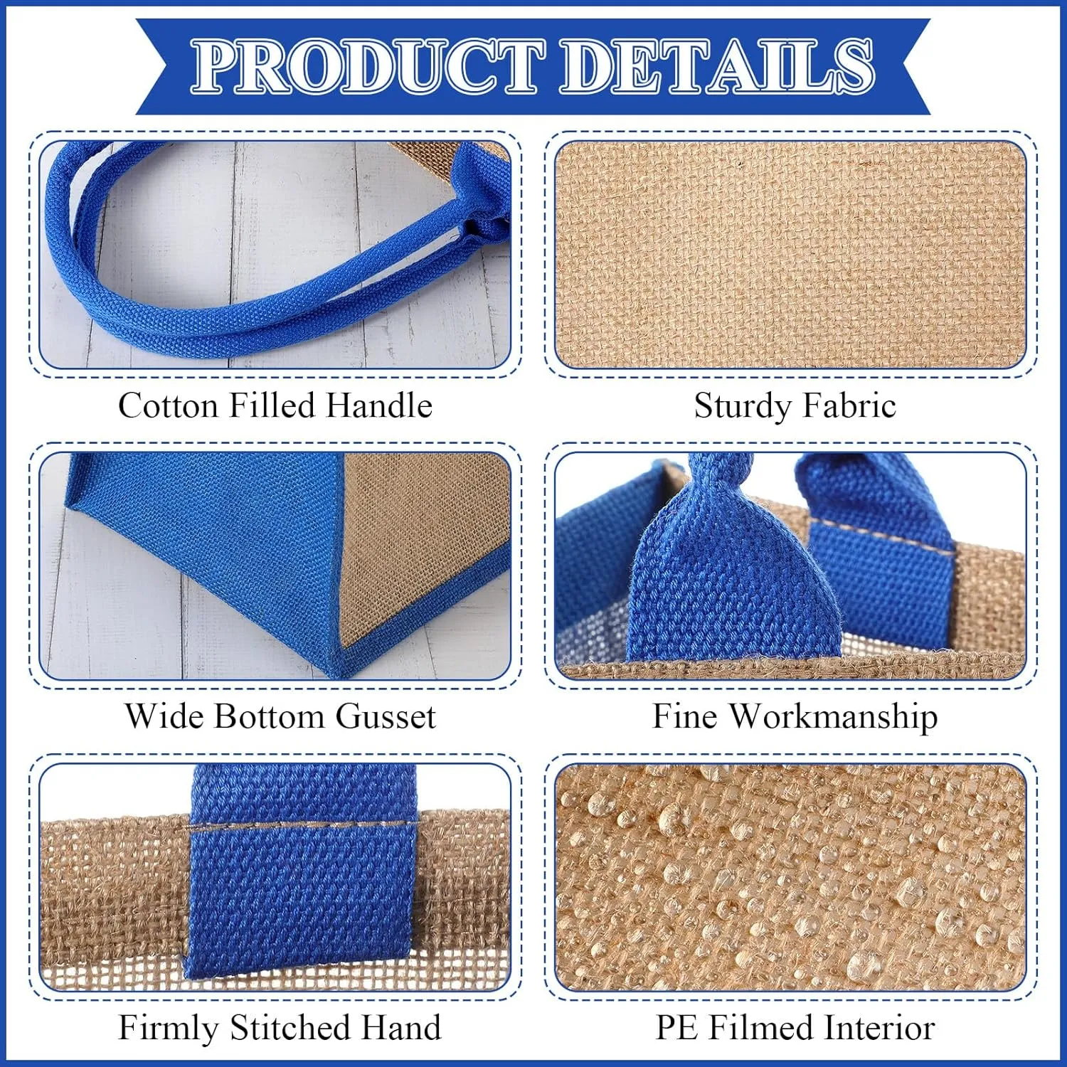 Saintrygo 12 Pcs Burlap Jute Tote Bags with Handle Reusable Blank Bridesmaid Gift Bags for Shopping Wedding DIY, 12x12x7.7In(Jute and Blue)