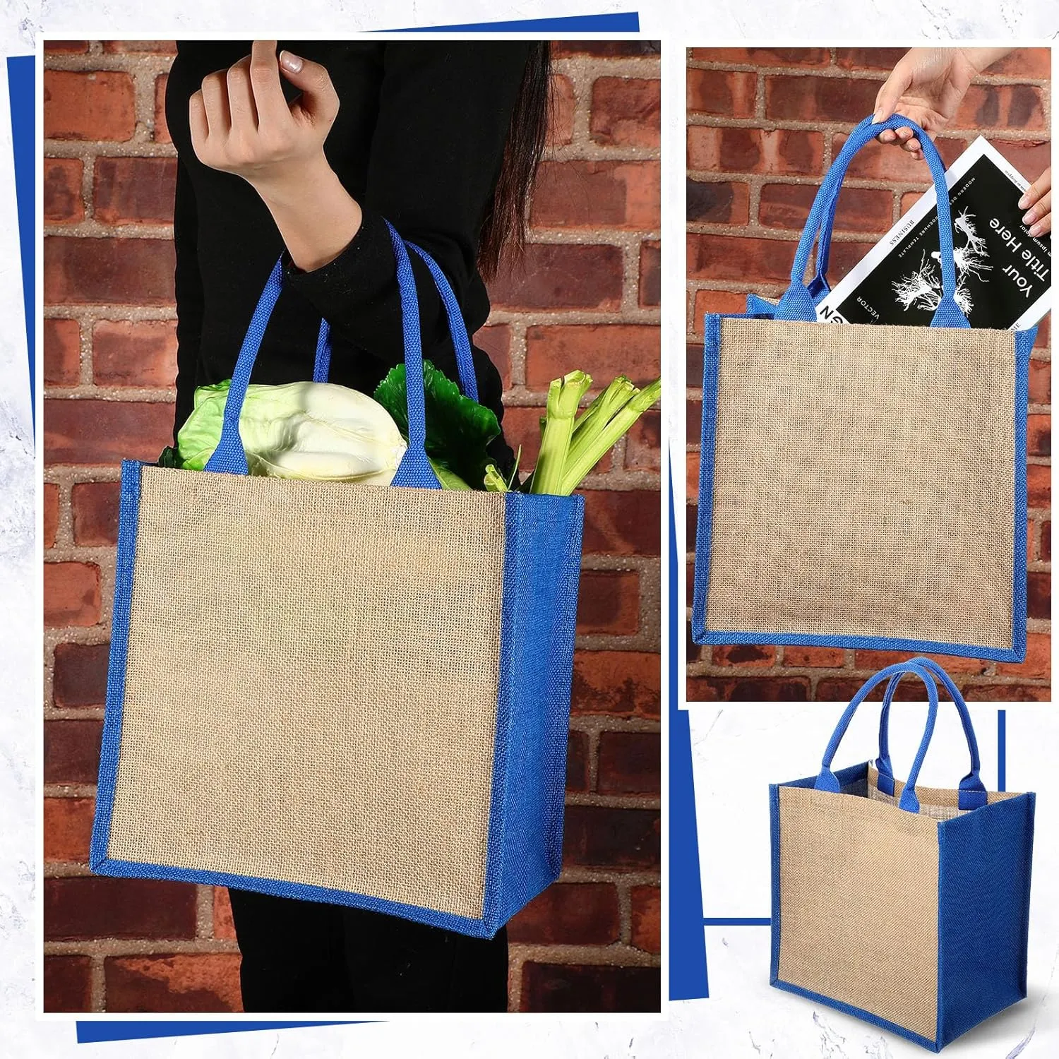 Saintrygo 12 Pcs Burlap Jute Tote Bags with Handle Reusable Blank Bridesmaid Gift Bags for Shopping Wedding DIY, 12x12x7.7In(Jute and Blue)