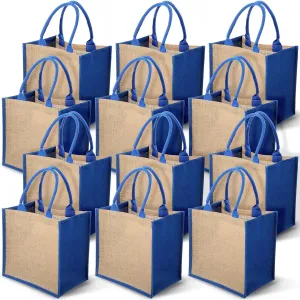 Saintrygo 12 Pcs Burlap Jute Tote Bags with Handle Reusable Blank Bridesmaid Gift Bags for Shopping Wedding DIY, 12x12x7.7In(Jute and Blue)