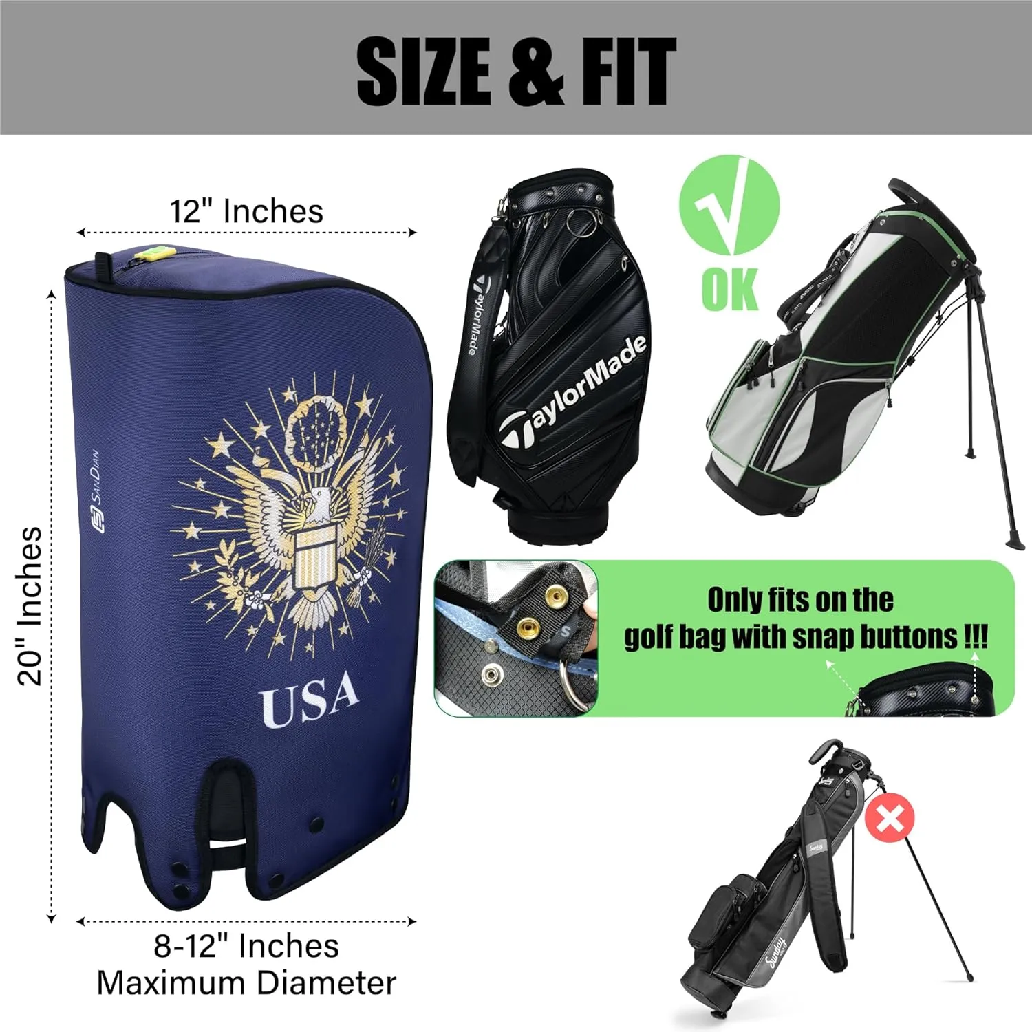 Sandian, Golf Bag Rain Hood Cover Cape, Color Hood2, Padded Club Protection, Heavy Duty All Weather Resistant, One Size Fit Most Stand Carry Cart Tour Bags with Snap Buttons