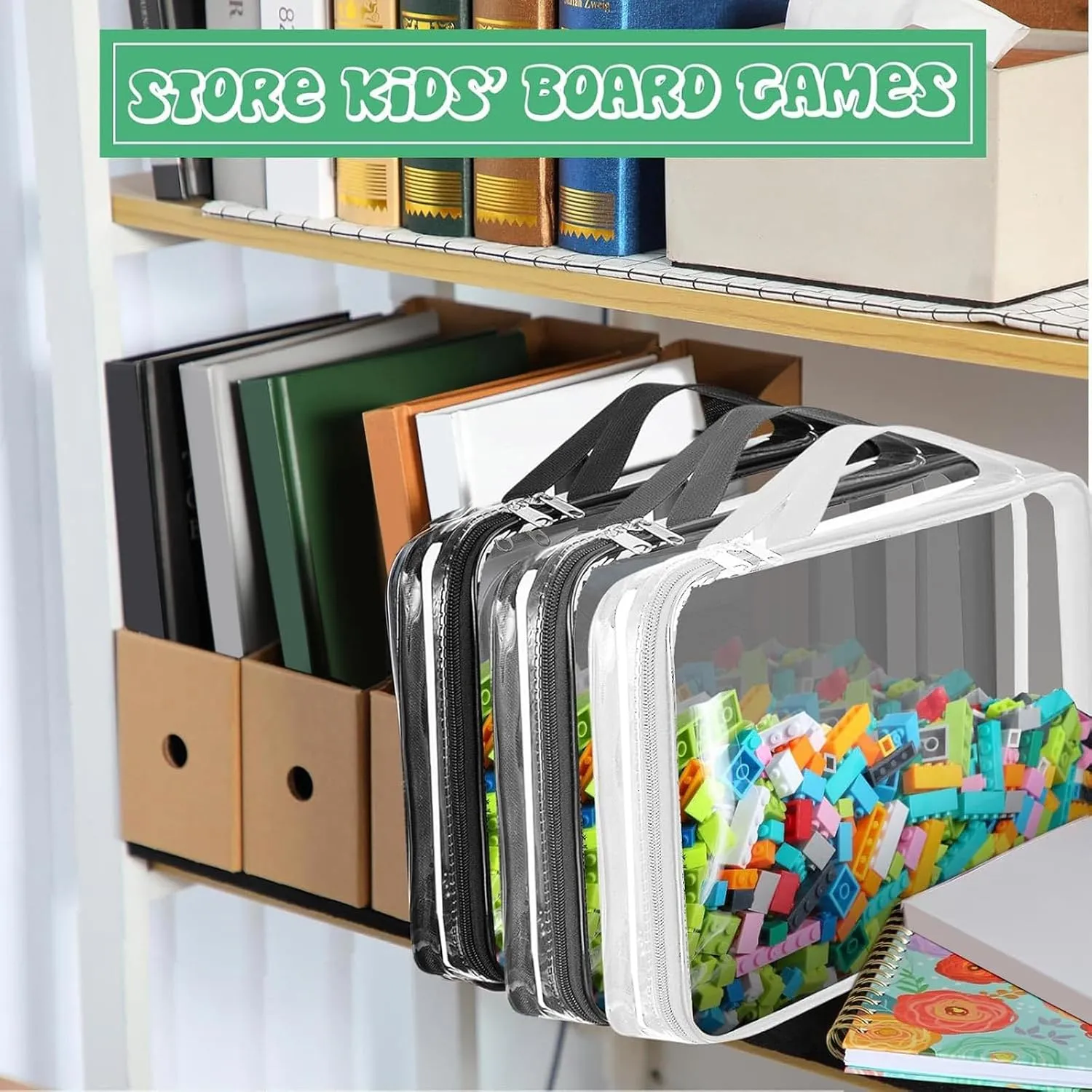 Sanwuta 3 Packs Toy Storage Bags with Zipper, Clear PVC Organizing Waterproof Toy Bags for Board Games, Building Blocks, and Kids Books(12.6 x 9 x 2.36 Inch,Black, White, Gray)