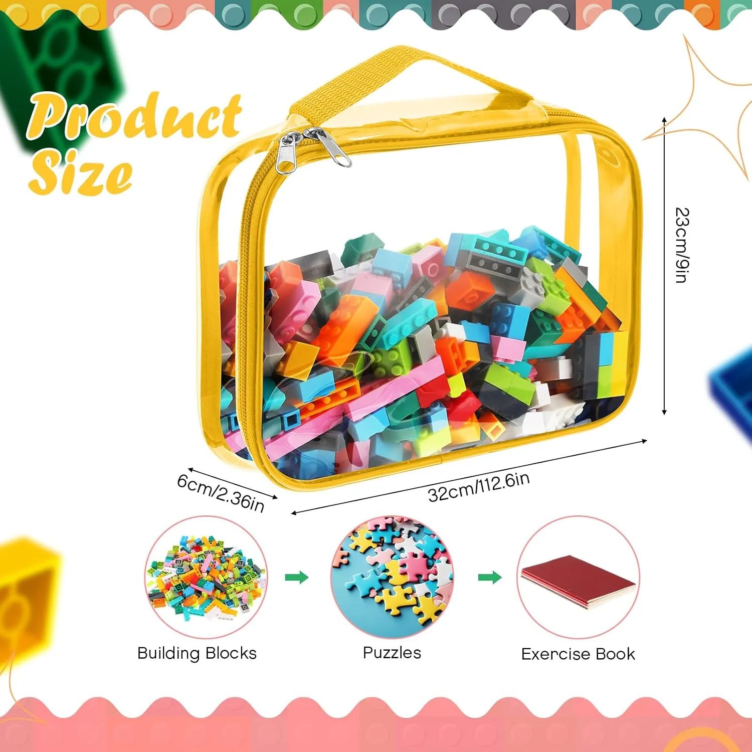 Sanwuta 6 Packs Toy Storage Bags, PVC Organizing Case Bags with Zipper, Waterproof Toy Container for Board Games, Building Blocks, Puzzles, Small Toys and Kids Books(Large,Bright Color)