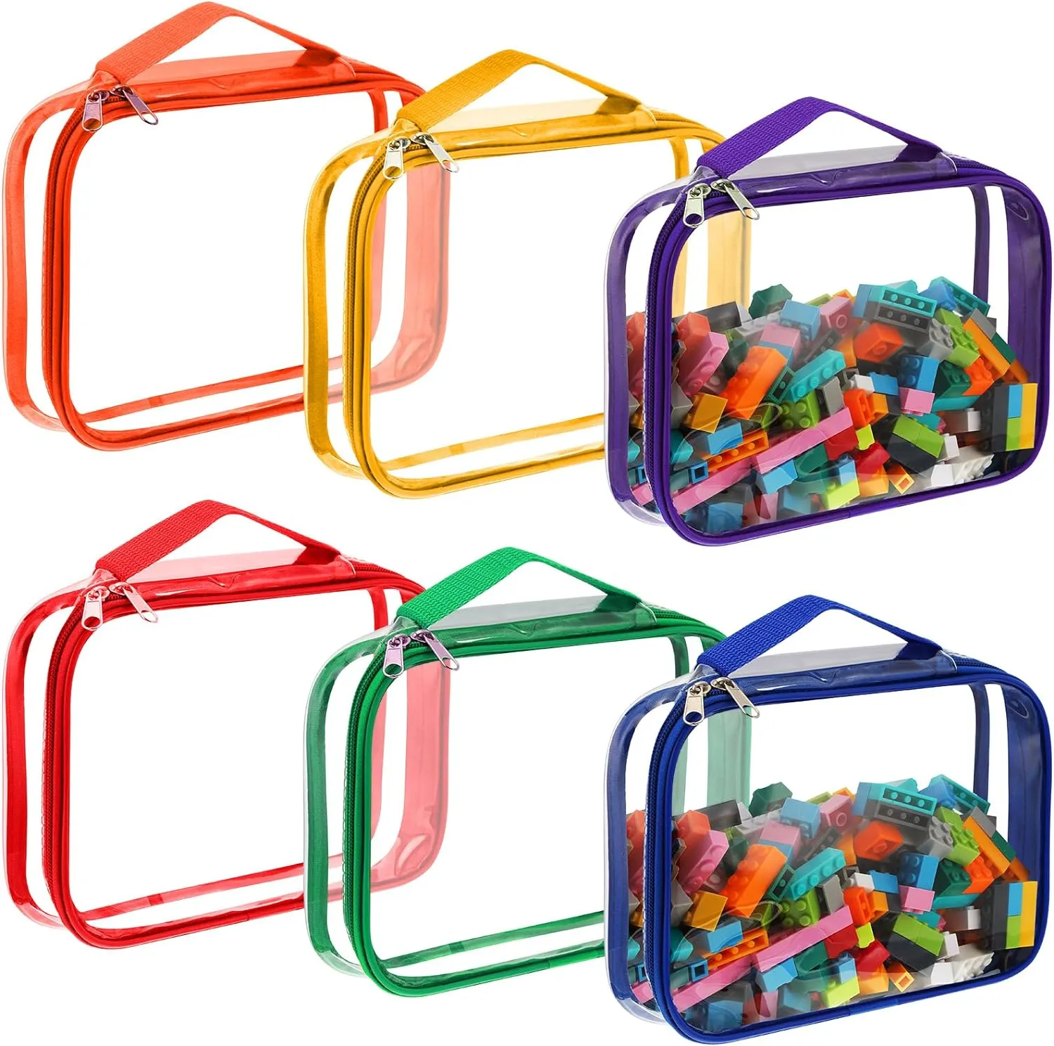Sanwuta 6 Packs Toy Storage Bags, PVC Organizing Case Bags with Zipper, Waterproof Toy Container for Board Games, Building Blocks, Puzzles, Small Toys and Kids Books(Large,Bright Color)