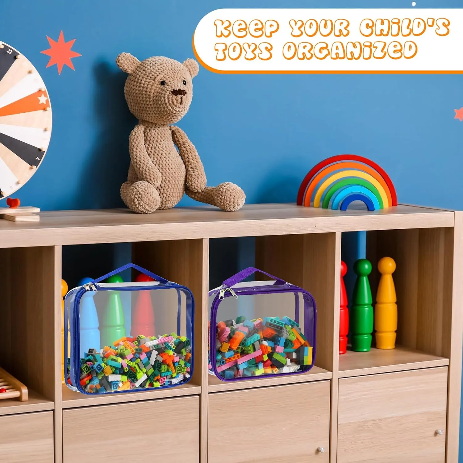 Sanwuta 6 Packs Toy Storage Bags, PVC Organizing Case Bags with Zipper, Waterproof Toy Container for Board Games, Building Blocks, Puzzles, Small Toys and Kids Books(Large,Bright Color)