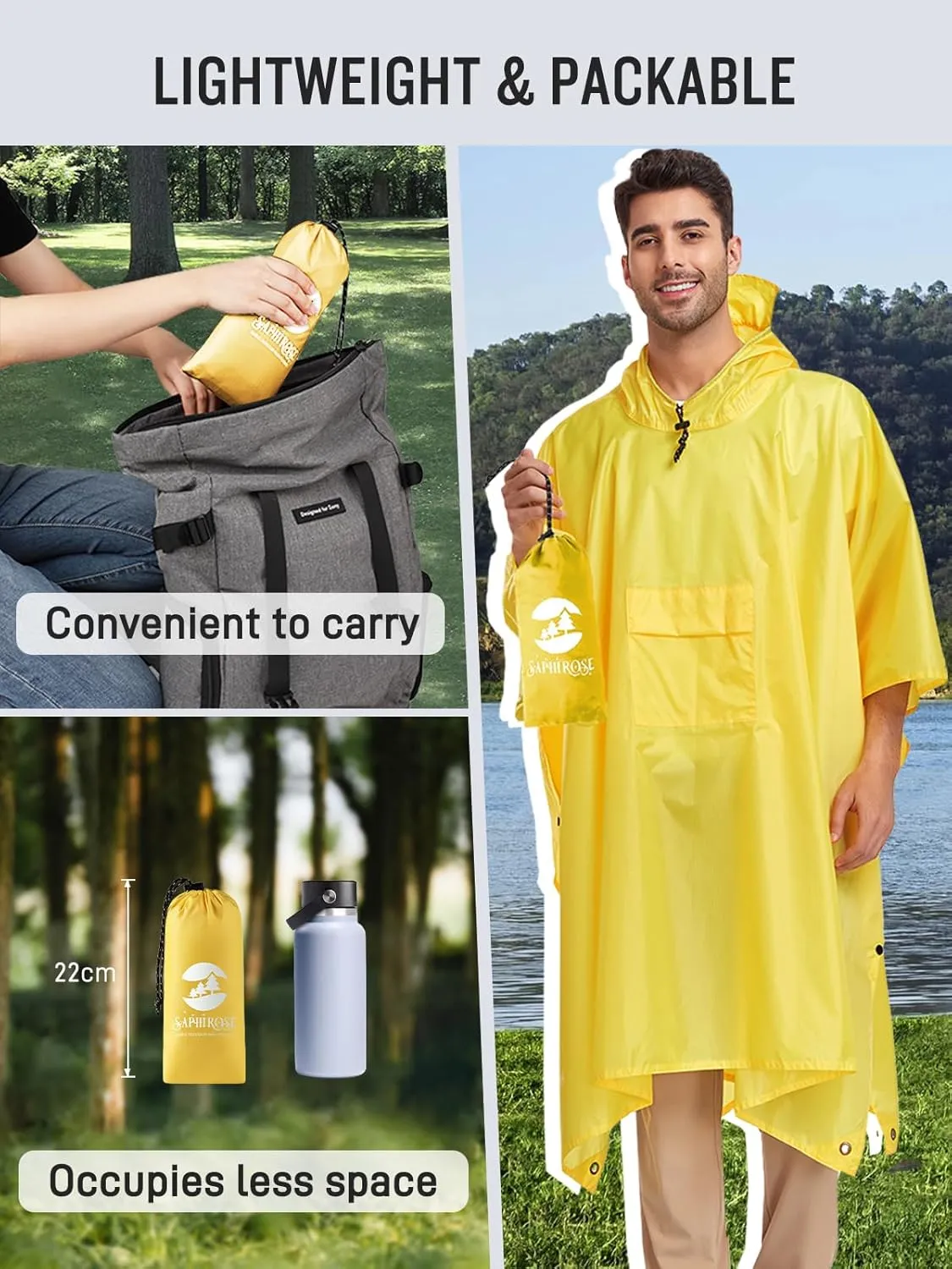 SaphiRose Extra Thick Hooded Rain Poncho Double Layer Waterproof Raincoat Jacket for Men Women Adults