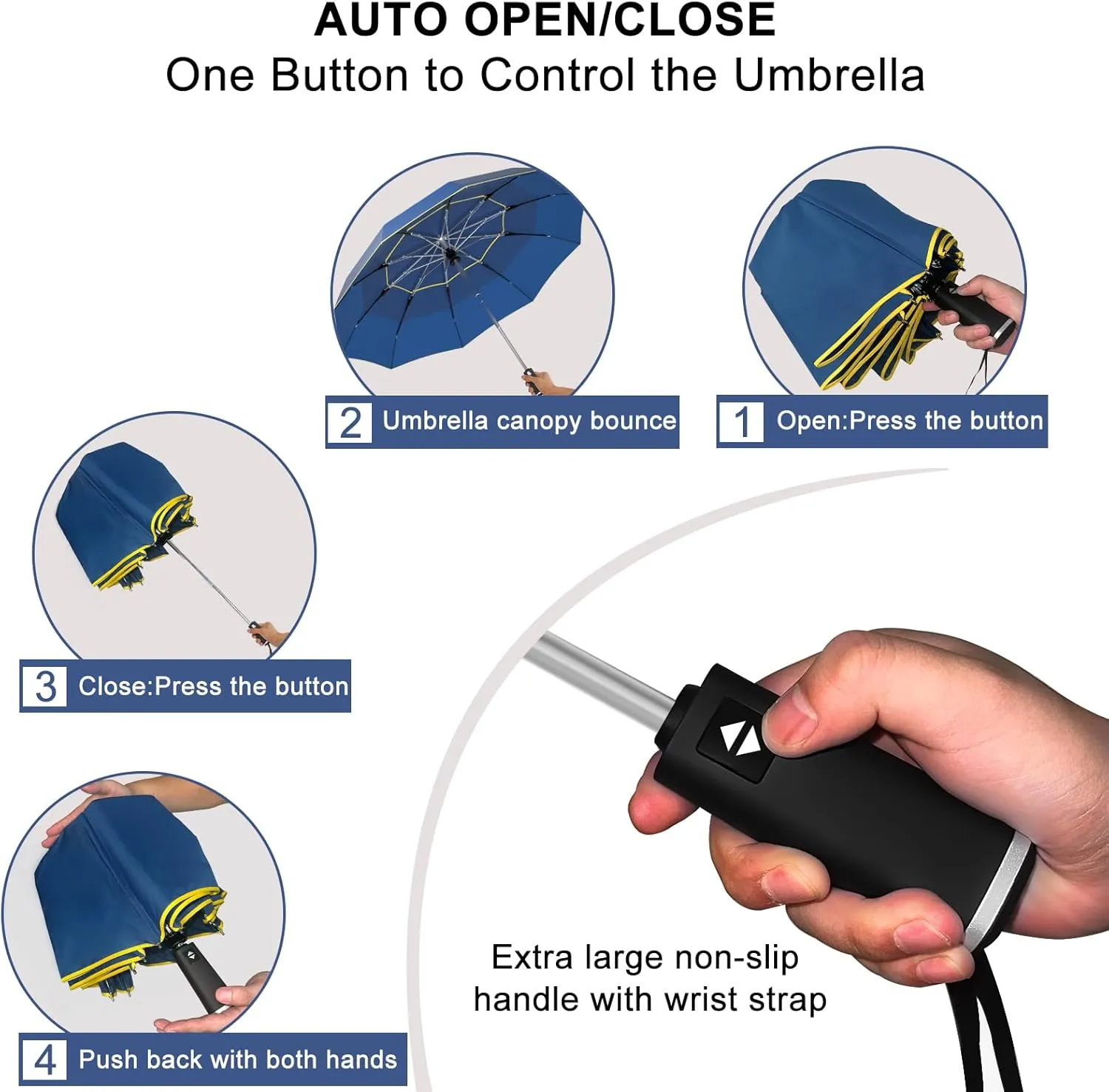 Satol Extra Large Golf Umbrella, 46/54/62 Inch Windproof 10 Ribs Vented Double Canopy Reflective Strips Automatic Open/Close Waterproof UV Protection Portable Compact Umbrella for Outdoor & Travel