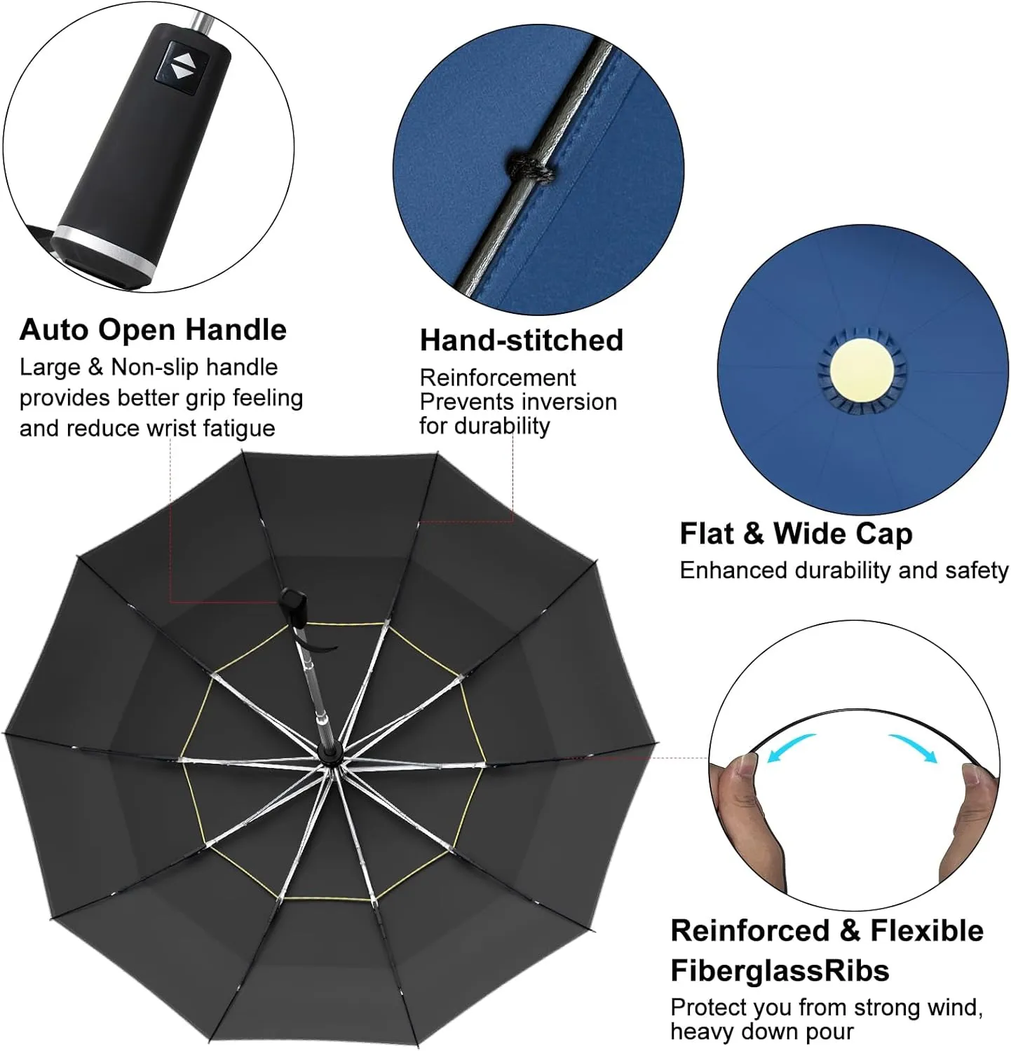Satol Extra Large Golf Umbrella, 46/54/62 Inch Windproof 10 Ribs Vented Double Canopy Reflective Strips Automatic Open/Close Waterproof UV Protection Portable Compact Umbrella for Outdoor & Travel