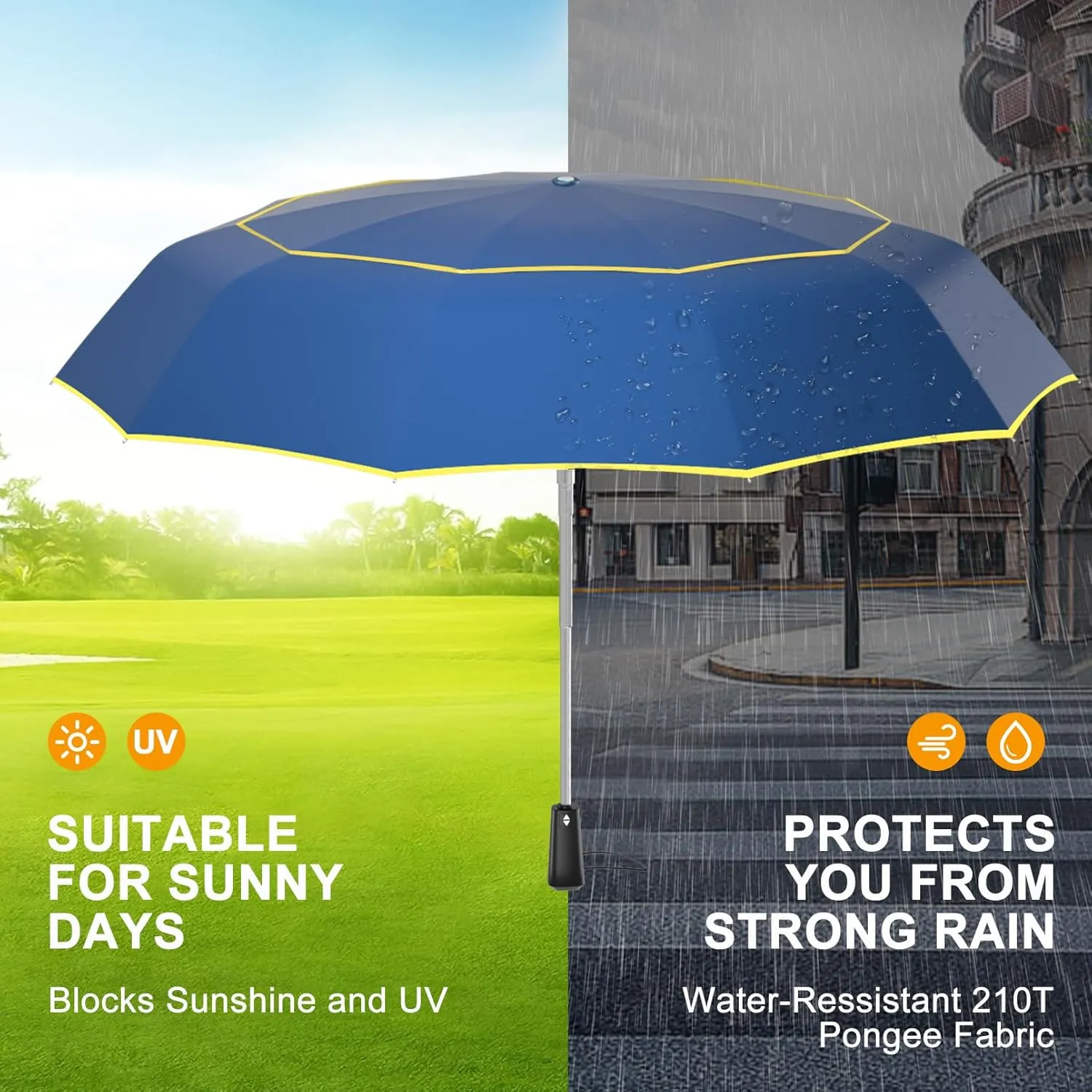 Satol Extra Large Golf Umbrella, 46/54/62 Inch Windproof 10 Ribs Vented Double Canopy Reflective Strips Automatic Open/Close Waterproof UV Protection Portable Compact Umbrella for Outdoor & Travel