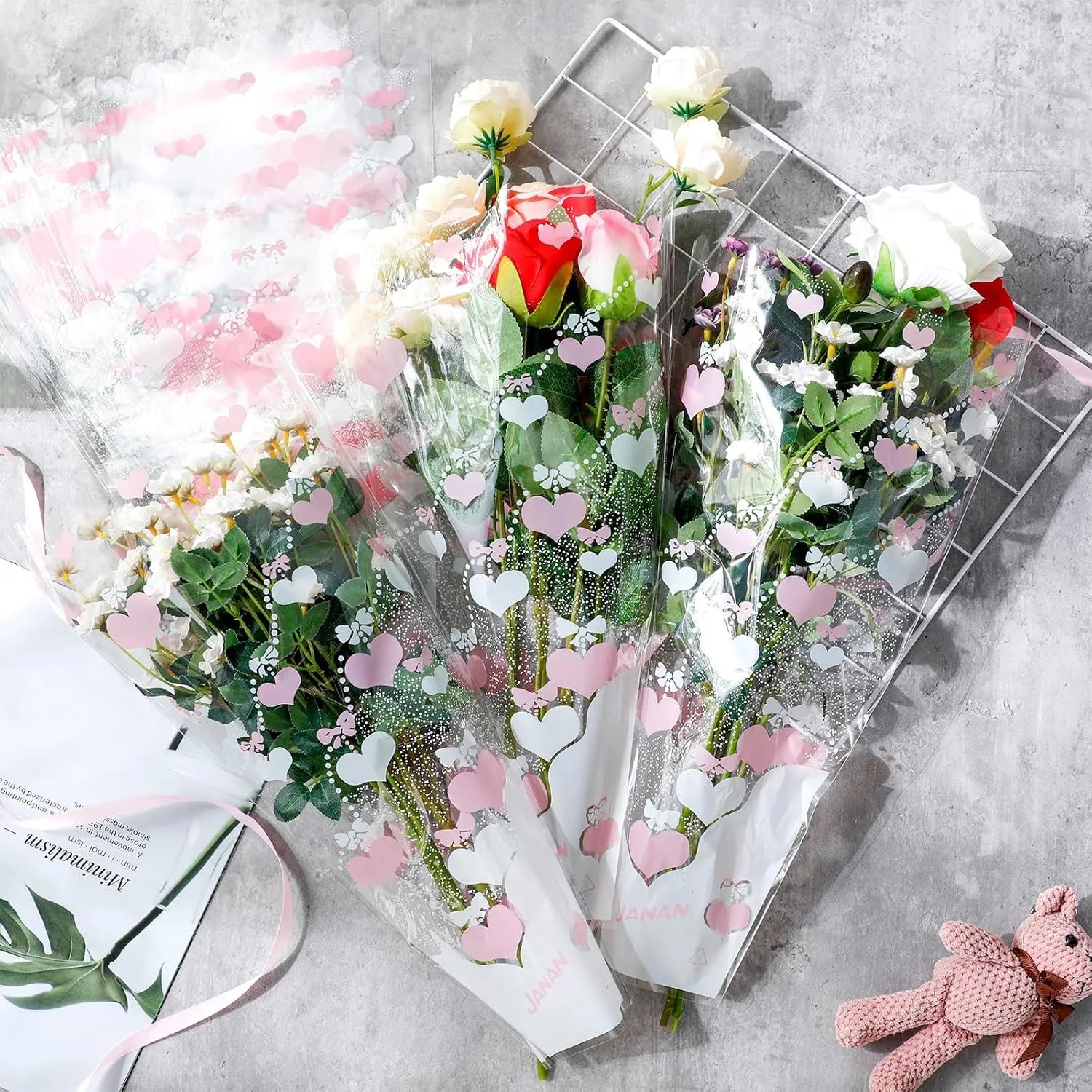 Sayglossy 100 Pcs Single Rose Sleeves for Flower Bouquets Wrapping Bags Plastic Floral Wraps Cellophane for Mother's Day Wedding Birthday Flower Arrangement Supplies(Pink)