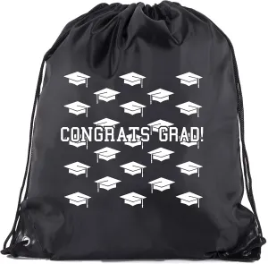 Senior Graduation Drawstring Backpacks Personalized Party Favor Cinch Bags - Grad Hat Grid