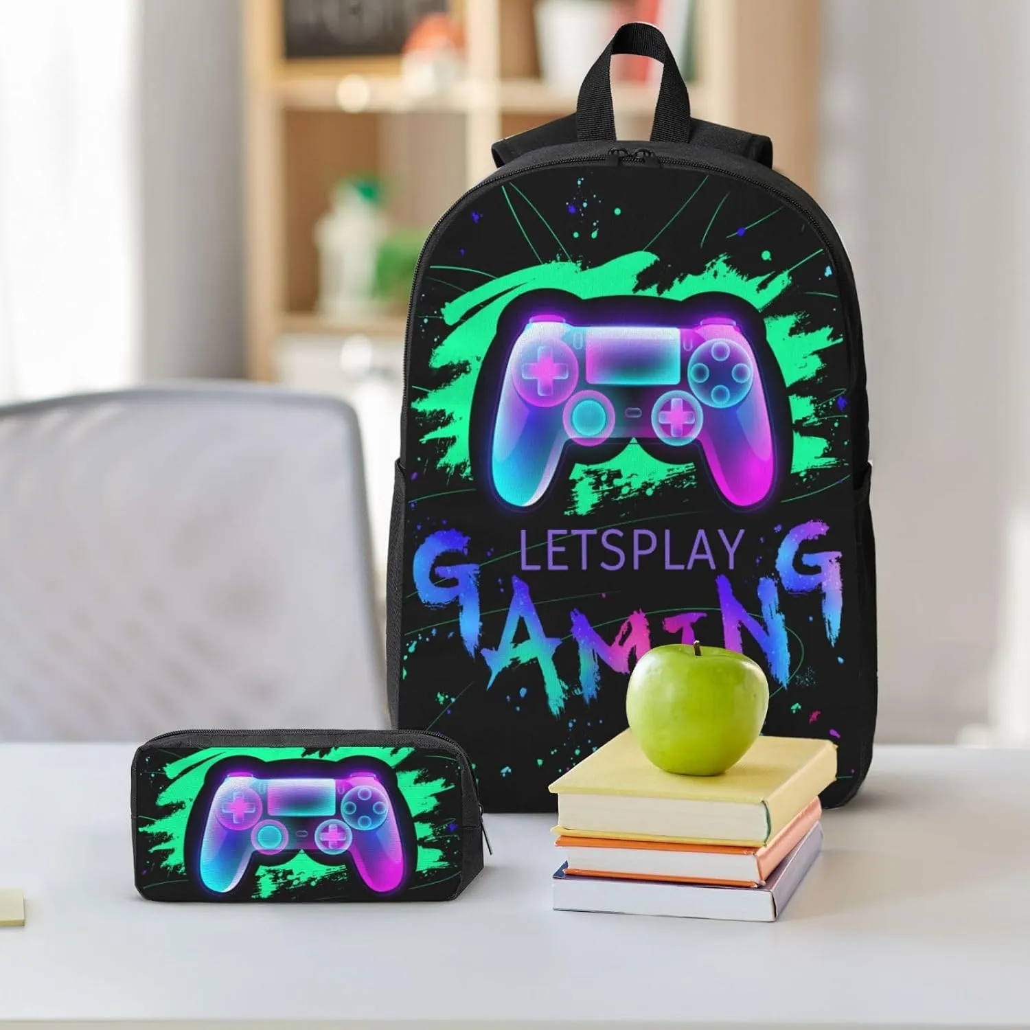 SENROLAN Gamepad Backpack Set Games Gaming Backpacks Lunch Bag Pencil Case 3 Pieces Boys Backpacks Ages 8-10