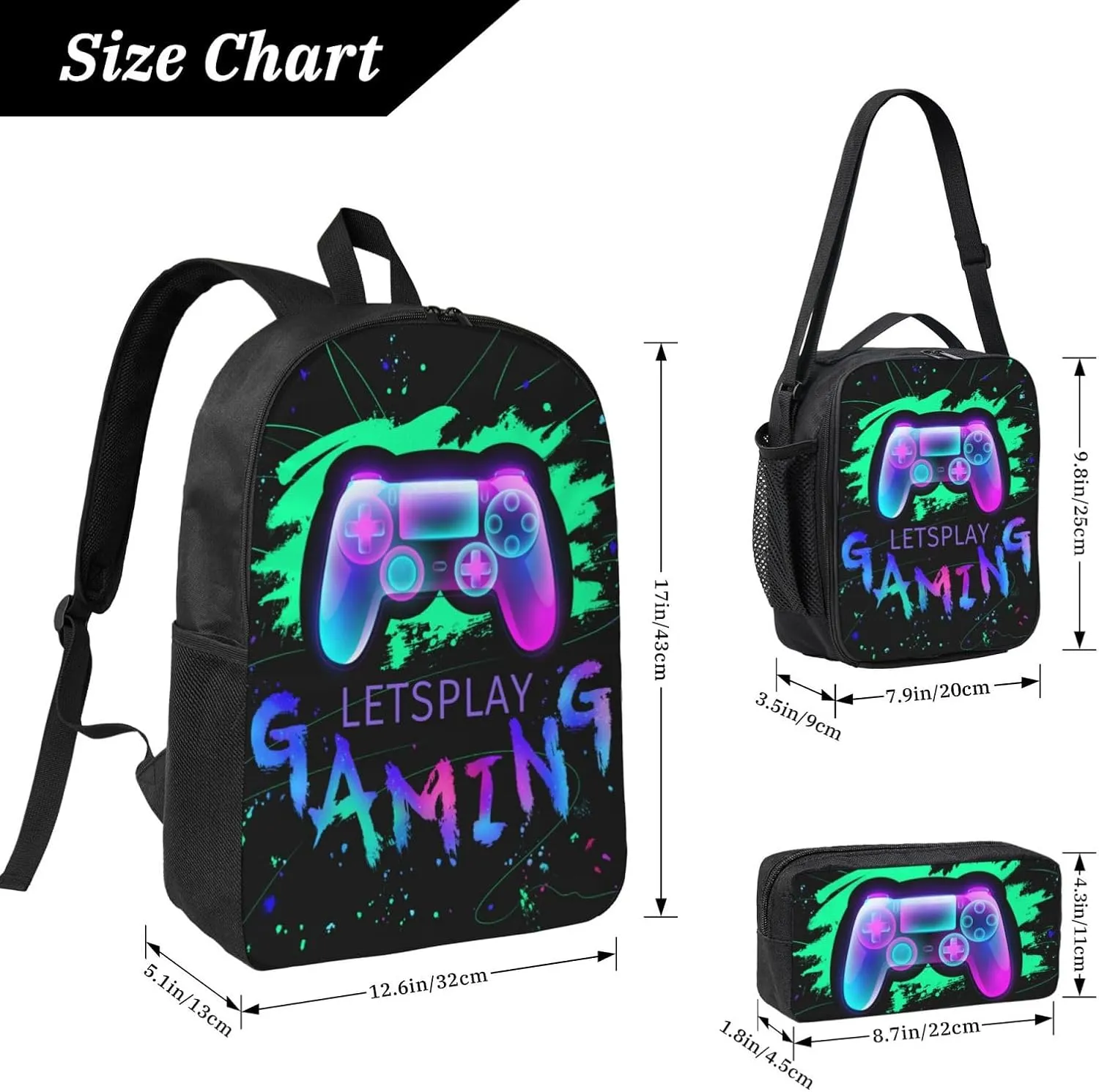 SENROLAN Gamepad Backpack Set Games Gaming Backpacks Lunch Bag Pencil Case 3 Pieces Boys Backpacks Ages 8-10
