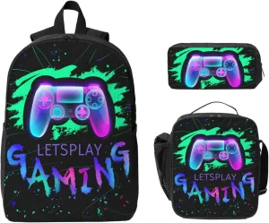 SENROLAN Gamepad Backpack Set Games Gaming Backpacks Lunch Bag Pencil Case 3 Pieces Boys Backpacks Ages 8-10
