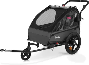 Sepnine Kids Bike Trailer, 2 in 1 Canopy Carrier Converts to Pushcart Suitable for 1 to 2 Kids, 12  Months, Quick Attach to Bike, Foldable, with 5-Point Harness and Storage Bags