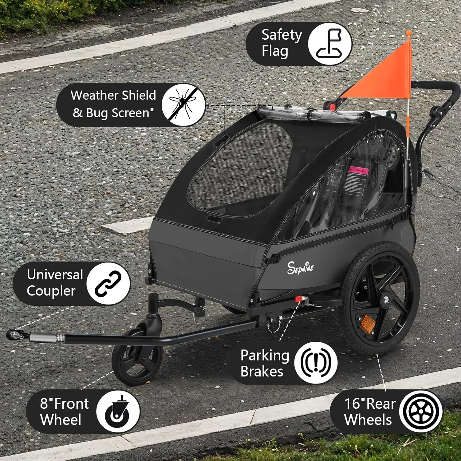 Sepnine Kids Bike Trailer, 2 in 1 Canopy Carrier Converts to Pushcart Suitable for 1 to 2 Kids, 12  Months, Quick Attach to Bike, Foldable, with 5-Point Harness and Storage Bags