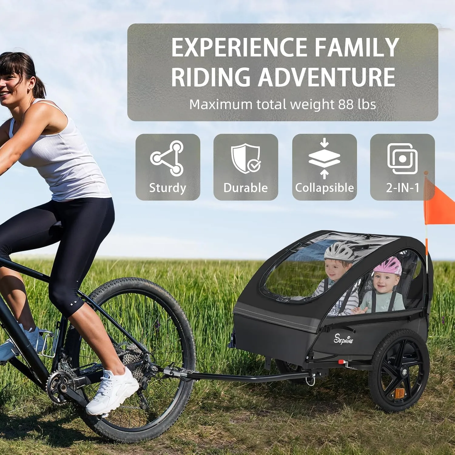 Sepnine Kids Bike Trailer, 2 in 1 Canopy Carrier Converts to Pushcart Suitable for 1 to 2 Kids, 12  Months, Quick Attach to Bike, Foldable, with 5-Point Harness and Storage Bags