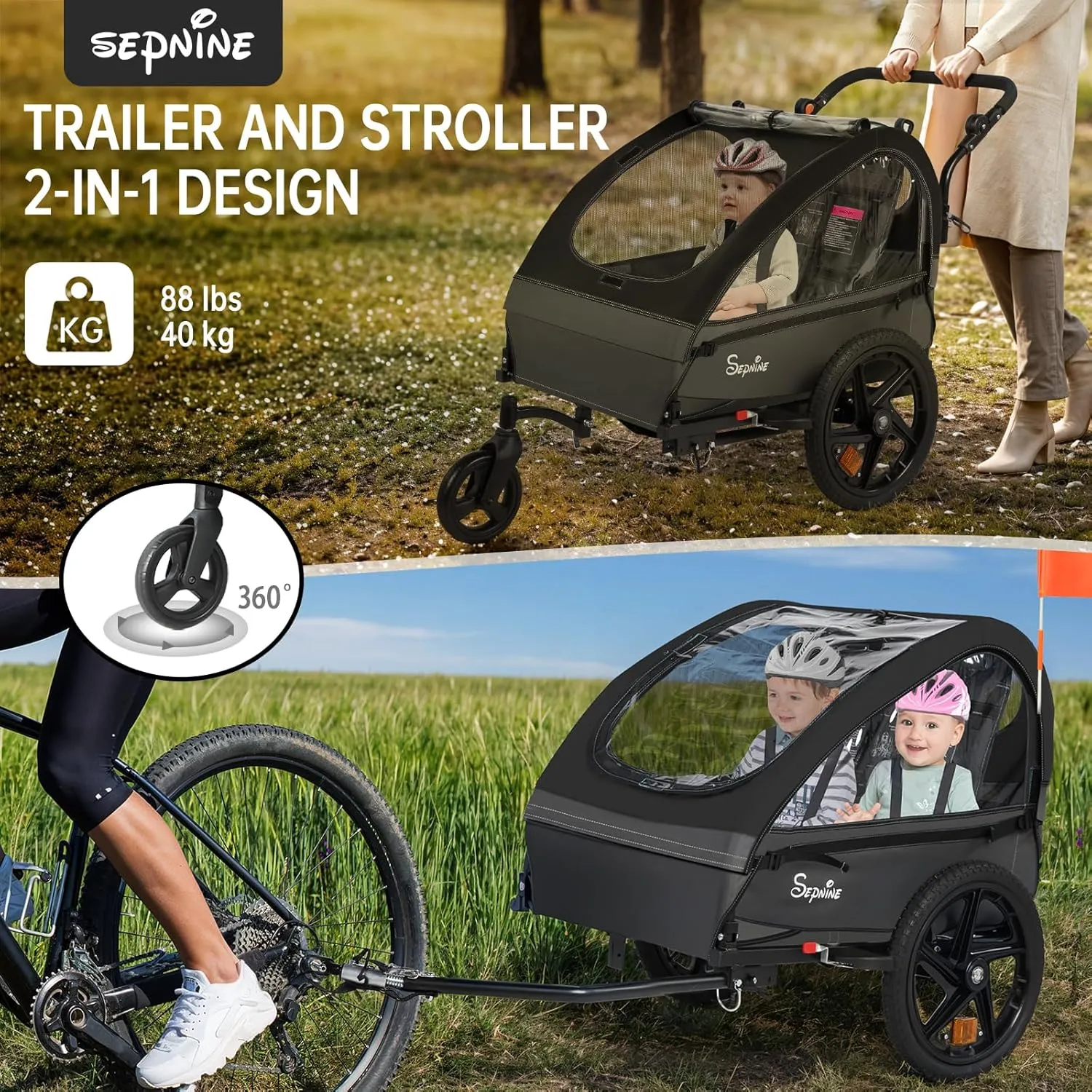 Sepnine Kids Bike Trailer, 2 in 1 Canopy Carrier Converts to Pushcart Suitable for 1 to 2 Kids, 12  Months, Quick Attach to Bike, Foldable, with 5-Point Harness and Storage Bags