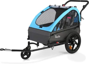 Sepnine Kids Bike Trailer, 2 in 1 Canopy Carrier Converts to Stroller Suitable for 1 to 2 Kids, 12  Months, Quick Attach to Bike, Foldable, with 5-Point Harness and Storage Bags