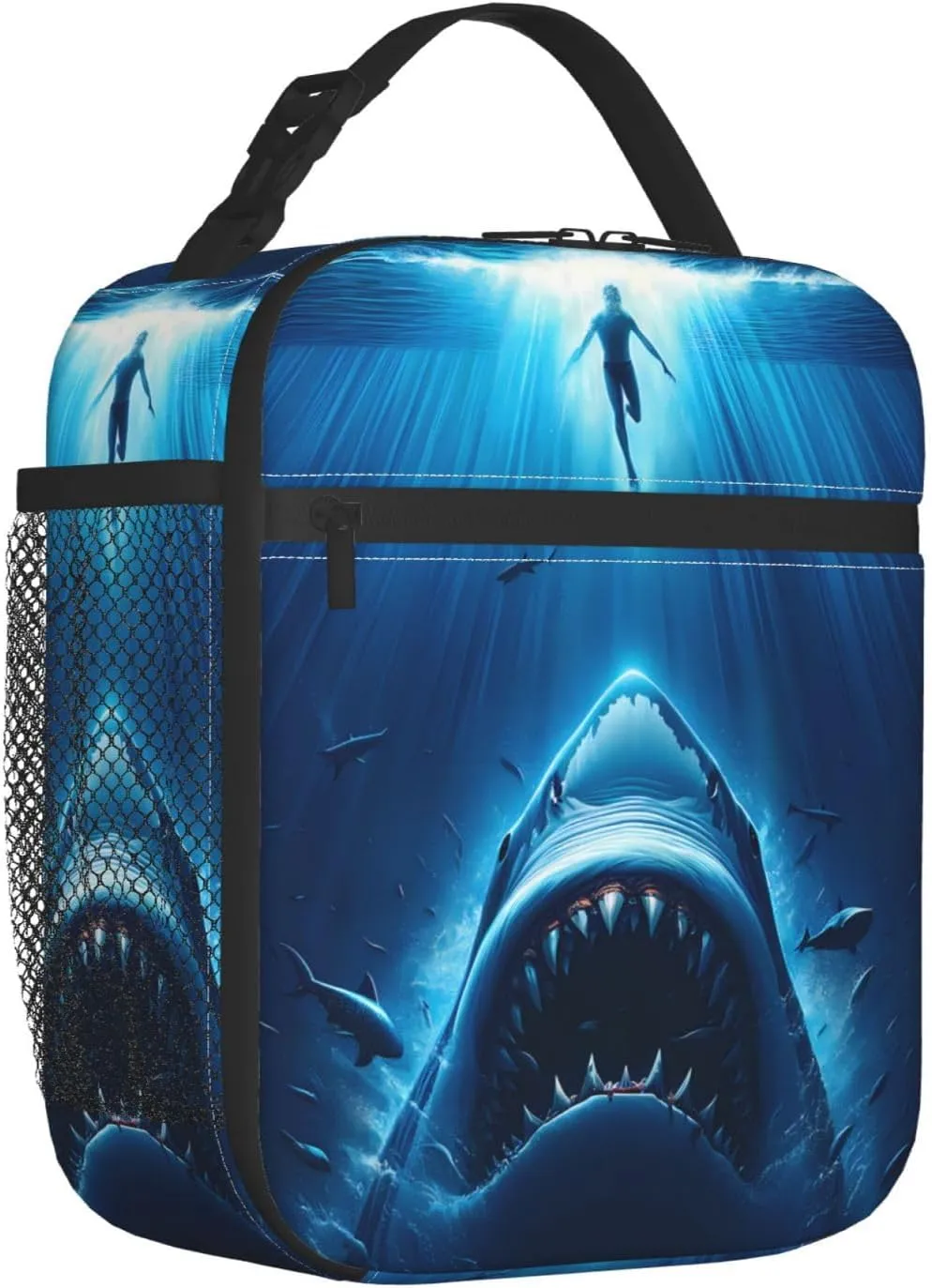 Shark Polyester Lunch Box for Kids Teen,Deep Blue Reusable Thermal Lunch Bag for Adult Women,Beach Insulated Tote Cooler Bags for School, Work, Picnic,Travel,Dramatic Sharks Encounter Design