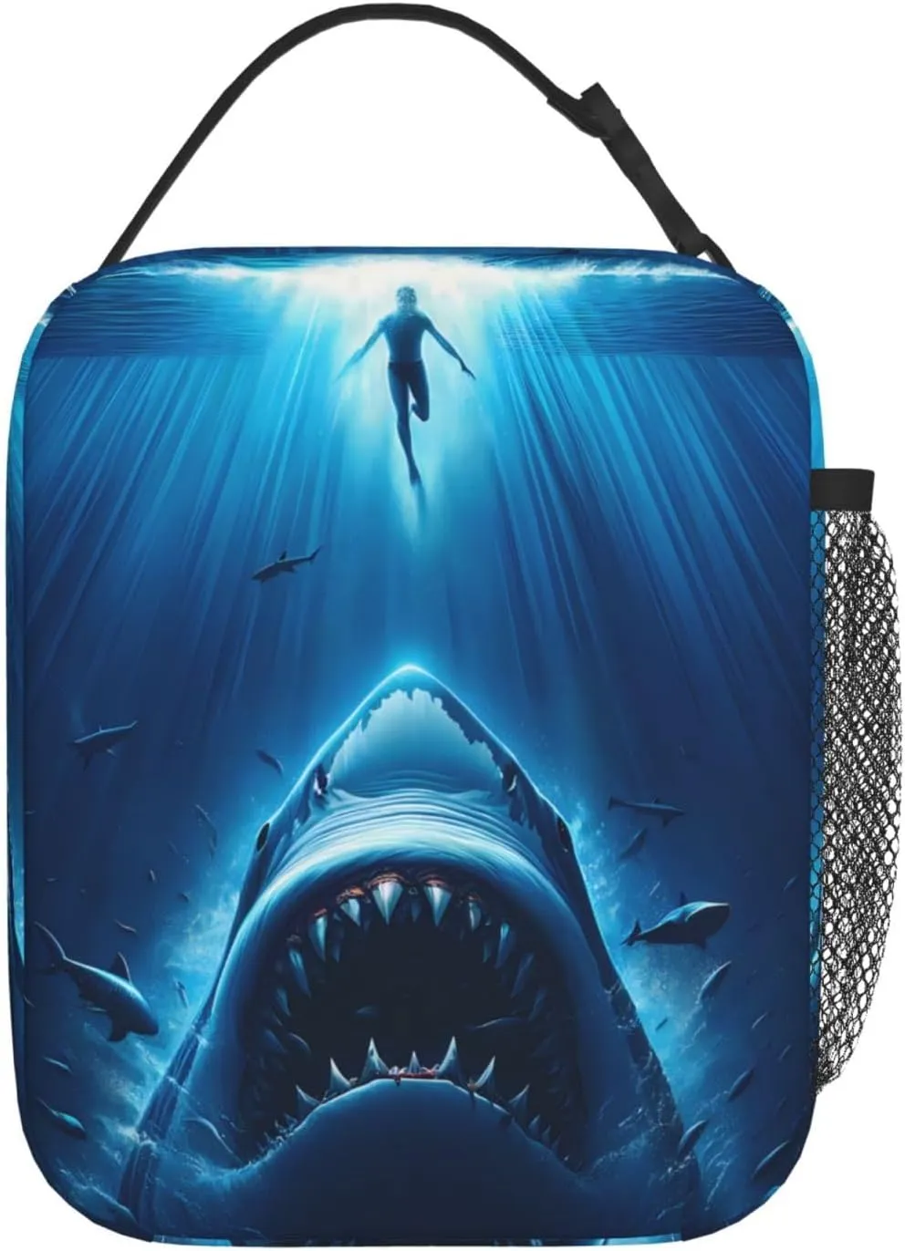 Shark Polyester Lunch Box for Kids Teen,Deep Blue Reusable Thermal Lunch Bag for Adult Women,Beach Insulated Tote Cooler Bags for School, Work, Picnic,Travel,Dramatic Sharks Encounter Design