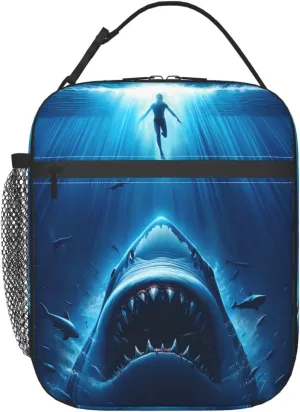 Shark Polyester Lunch Box for Kids Teen,Deep Blue Reusable Thermal Lunch Bag for Adult Women,Beach Insulated Tote Cooler Bags for School, Work, Picnic,Travel,Dramatic Sharks Encounter Design