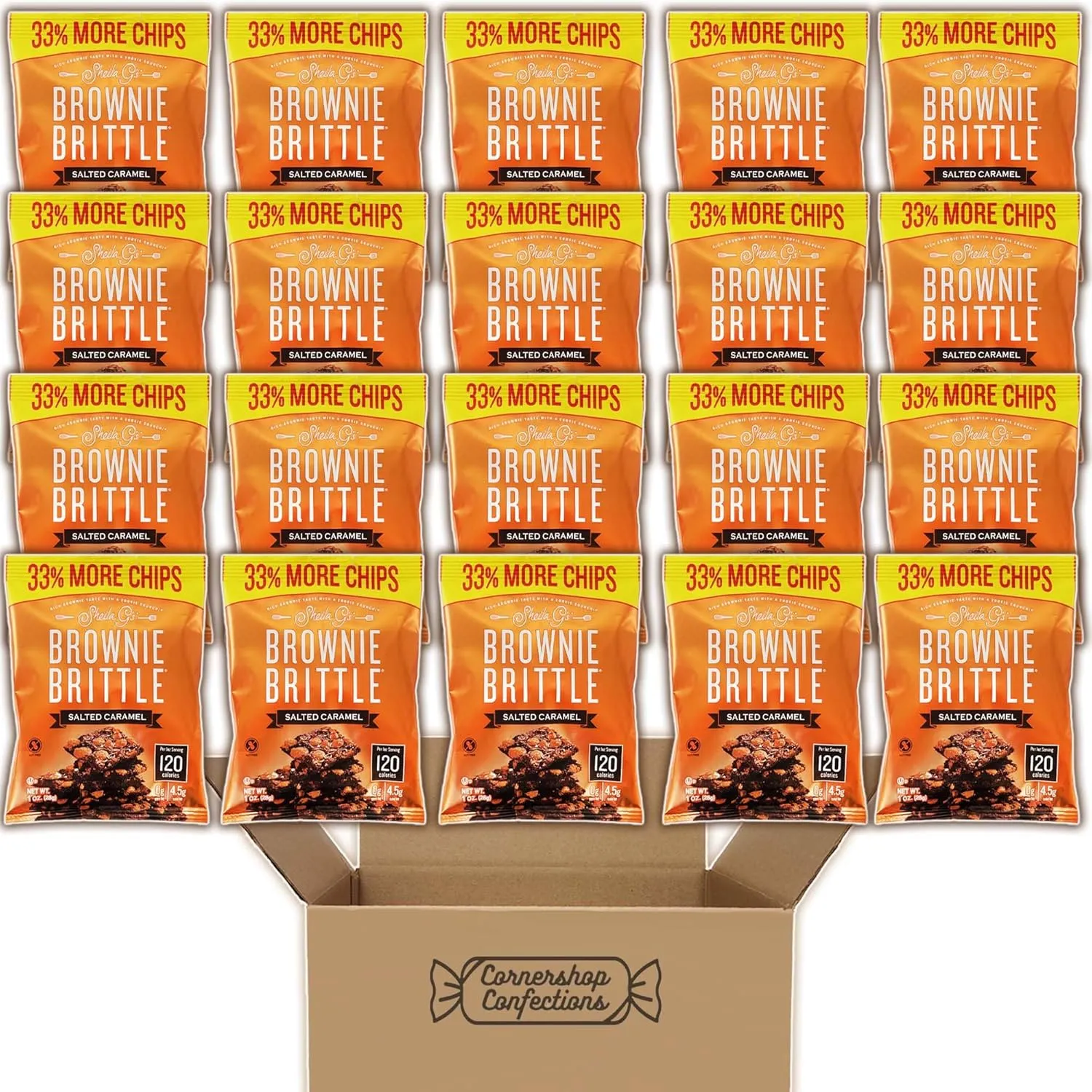 Sheila G's Salted Caramel Brownie Brittle 20 Single Serve Bag Bulk Pack - Perfect Portions for Road Trips, Lunch Boxes, Work Desks, Gym Bags, Plane Trips - In Cornershop Confections Protective Box