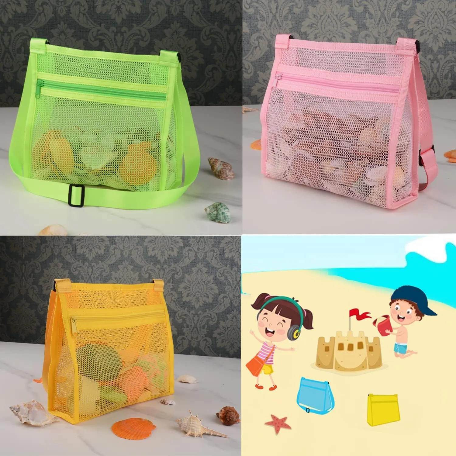 Shell Bags for Beach - Mesh Shell Collecting Bags for Kids, Picking Up Shells