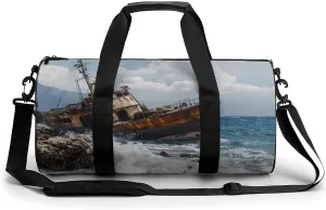 Shipwreck Waves Reef Round Barrel Gym Sport Bag Small Travel Duffel Bags Reusable Tote for Men Women