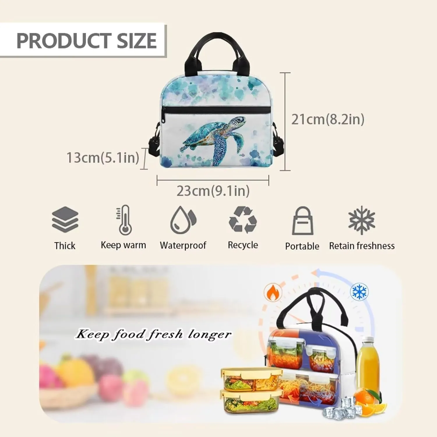 Showudesigns Sea Turtle Lunch Bags for Girls 10-12 12-14 Kids Insulated Lunch Box Reusable Lunch Tote Bag with Handles Middle School Lunchbox Containers Hippie Thermal Meal Tote Kit