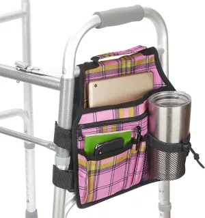 Side Walker Bags,Walker Organizer Pounch for Rollator and Folding Walkers,Walker Side Accessories for Elderly, Seniors, Handicap, Disabled (Double Sided) (Plaid Pink)